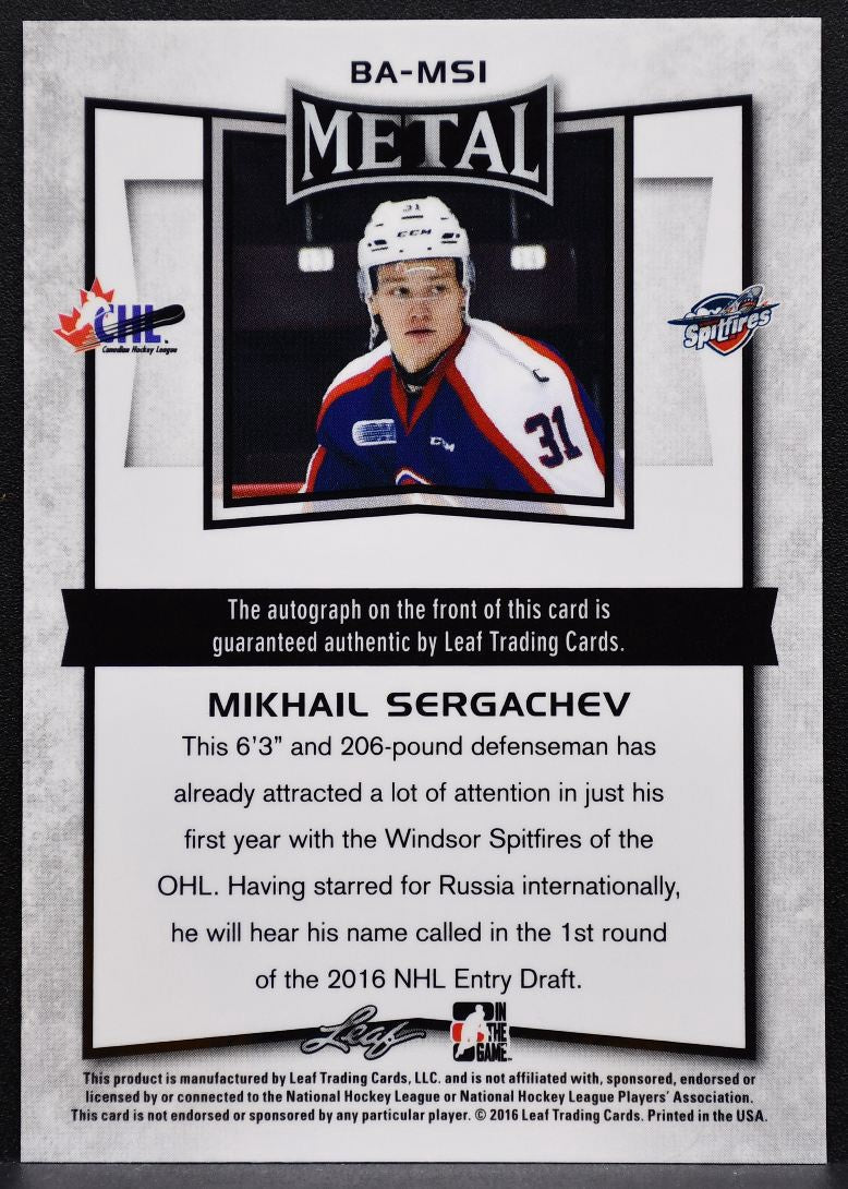 2016-17 Leaf In The Game Metal Auto Mikhail Sergachev Auto 8346