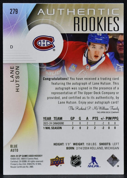 2024-25 SP Game Used Authentic RC Blue Lane Hutson 279 Canadiens1 RC Auto 4715