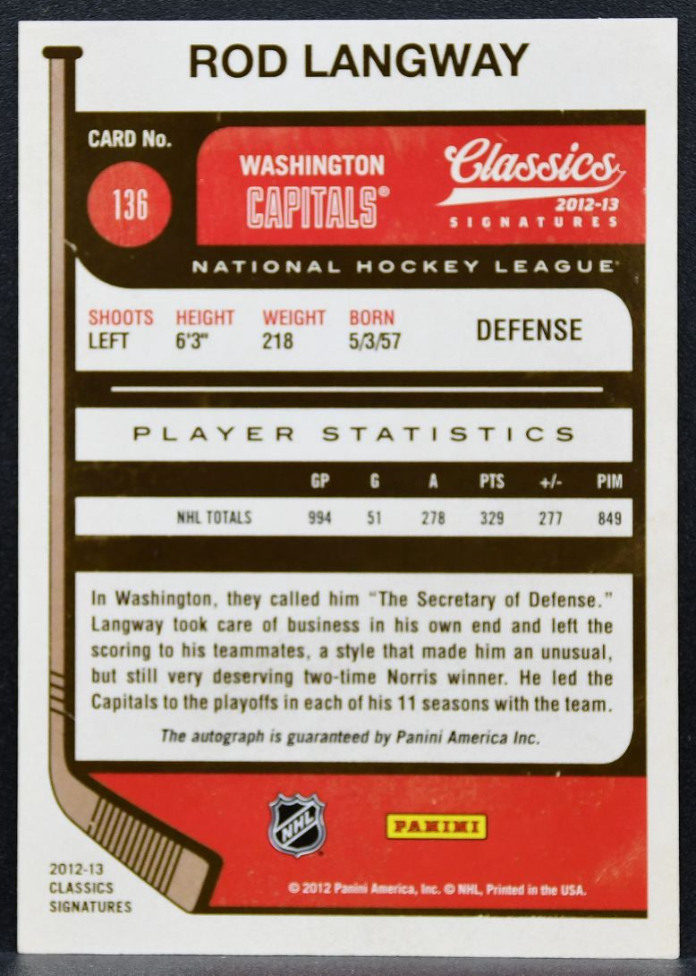 2012-13 Panini Classics Signatures Langway 136 Washington Capitals Auto 0959