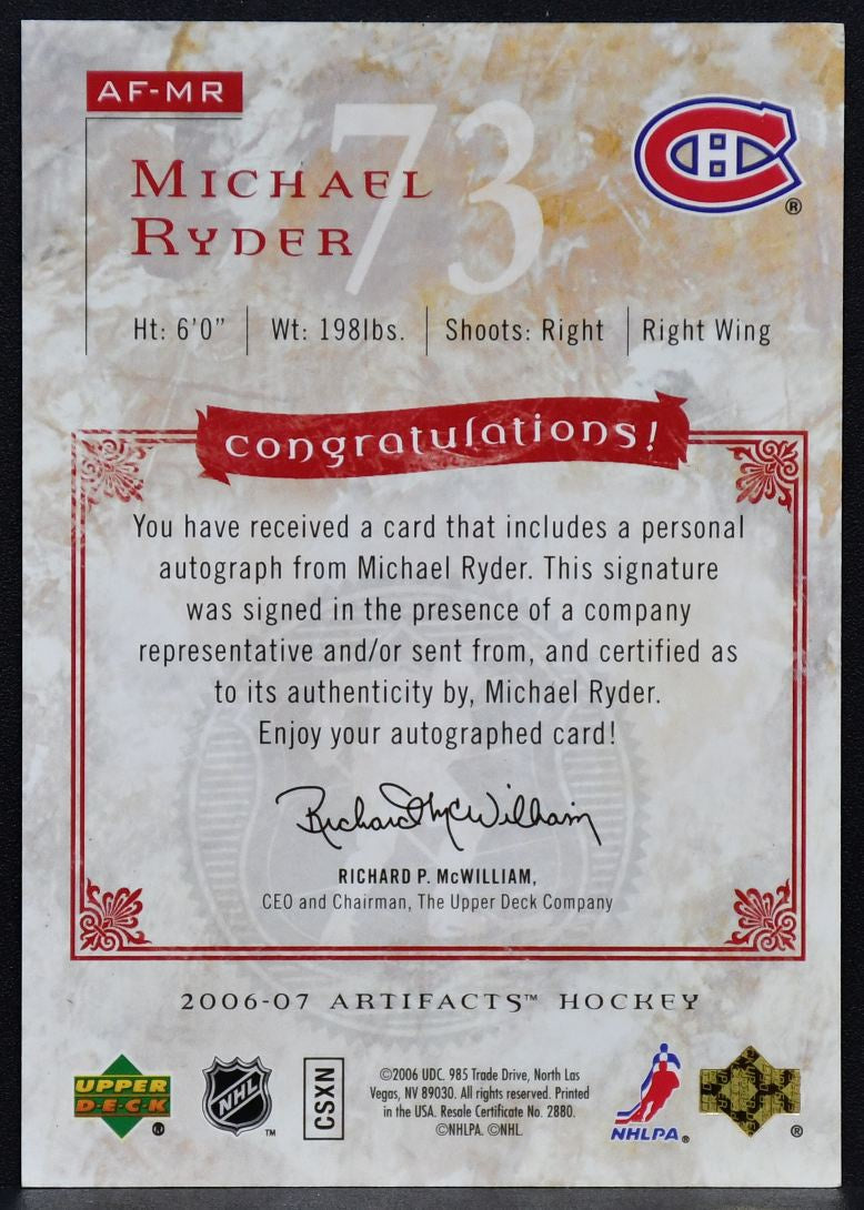 2006-07 Upper Deck Artifacts Auto-Facts Michael Ryder AF-MR Auto 3412