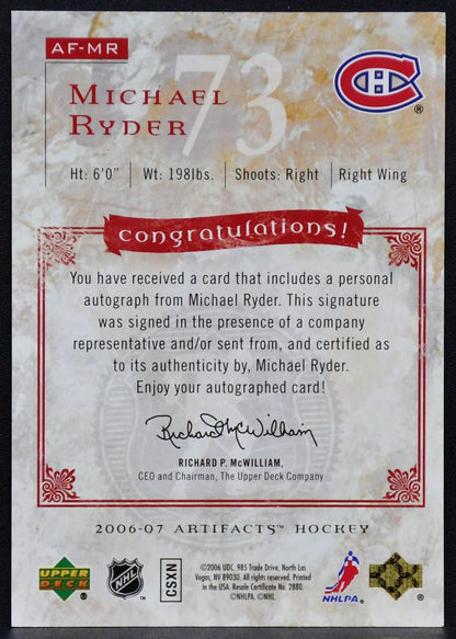 2006-07 Upper Deck Artifacts Auto-Facts Michael Ryder AF-MR Auto 3412