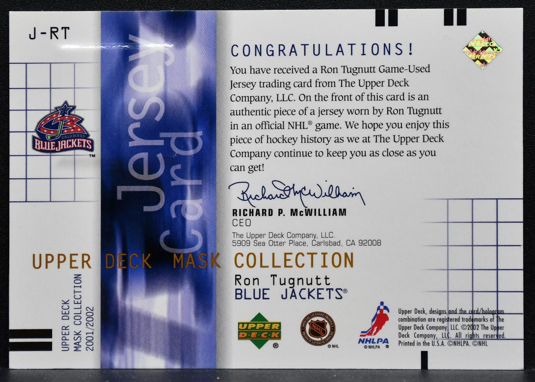 2001-02 UD Mask Collection Jerseys Ron Tugnutt J-RT Jackets 013/150 Jersey 5642