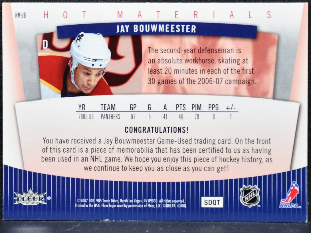 2007-08 Fleer Hot Prospects Materials Jay Bouwmeester HM-JB Panthers Jersey 8020