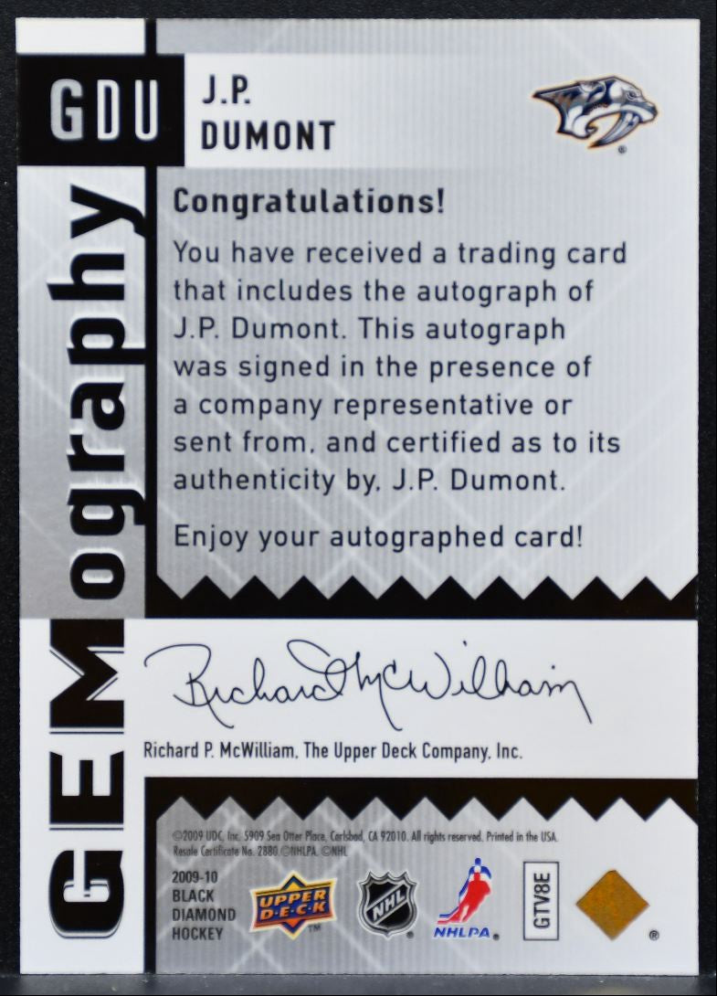 2009-10 Upper Deck Black Diamond Gemography J.P. Dumont GDU Predators Auto 9489