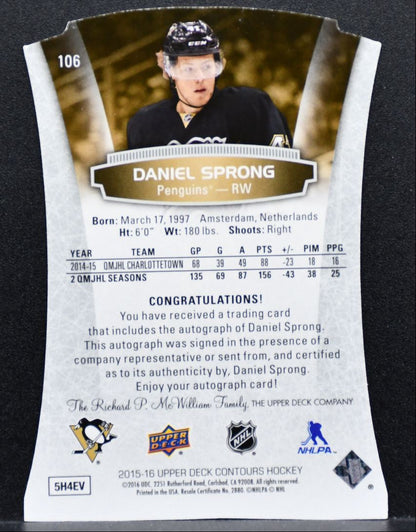 2015-16 UD Contours Rookies Auto Daniel Sprong 106 Penguins RC Auto 334/499 0864