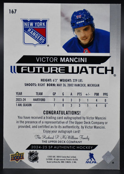 2024-25 SP Authentic Victor Mancini 167 New York Rangers RC Auto 112/599