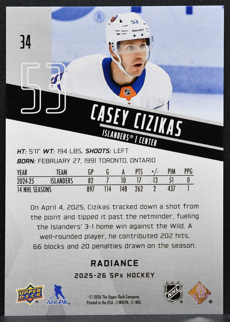 2025-26 SPx Radiance Casey Cizikas 34 New York Islanders 011/100 8211