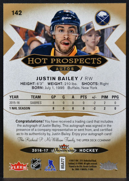 2016-17 Fleer Showcase Hot Prospectss Bailey 142 Sabres RC Auto 216/499 9567