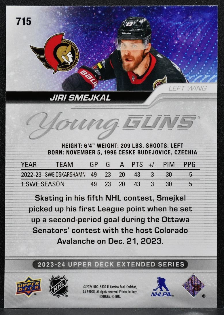 2023-24 UD Extended Series Exclusives Young Guns Jiri Smejkal Senators 5746