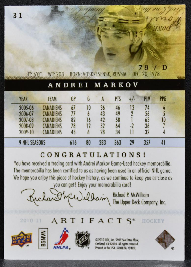 2010-11 UD Artifacts Jerseys Bronze Andrei Markov Canadiens 107/150 Jersey 9851