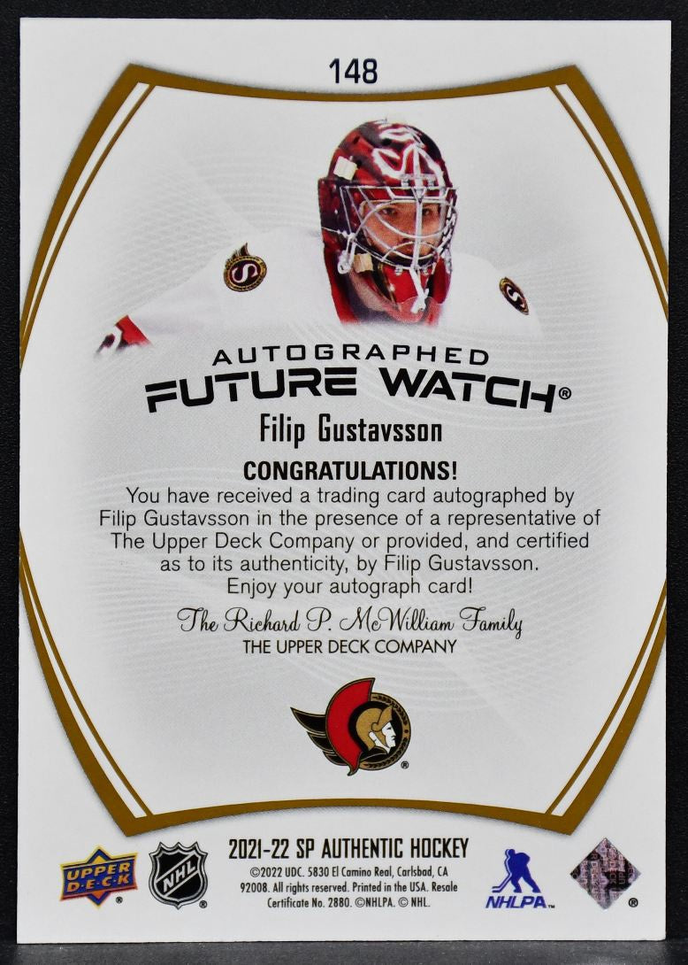 2021-22 SP Authentic Future Watch Auto Gold Black Filip Gustavsson 148  RC Auto