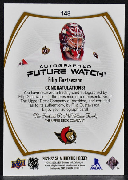 2021-22 SP Authentic Future Watch Auto Gold Black Filip Gustavsson 148  RC Auto
