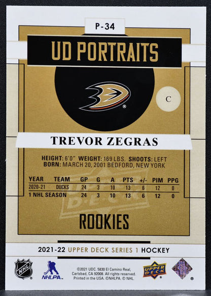 2021-22 UD Series 1 UD Portraits Rookies Trevor Zegras P-34 Ducks RC 5395