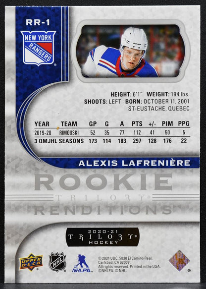 2020-21 UD Trilogy Rookie Renditions Alexis Lafreniere RR-1 Rangers RC 0450