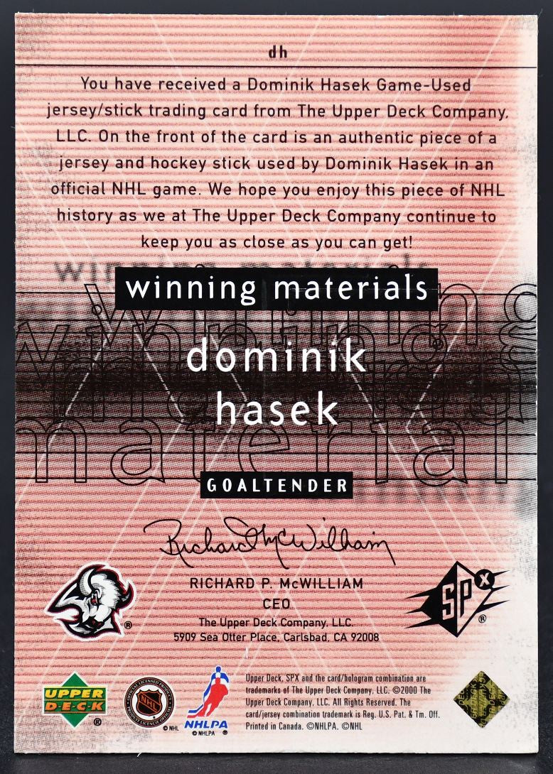2000-01 SPx Winning Materials Dominik Hasek DH Buffalo Sabres Jersey / Stick