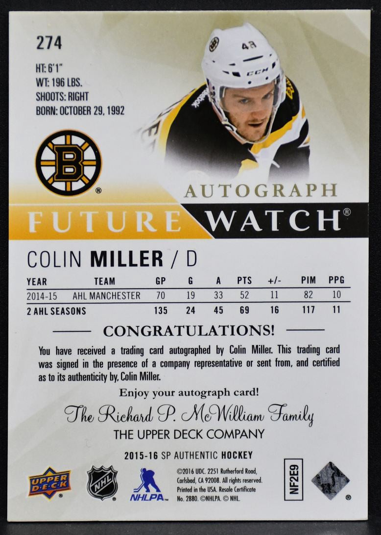 15-16 SP Authentic Future Watch Limited Autographs Miller Bruins RC Auto /100 5365