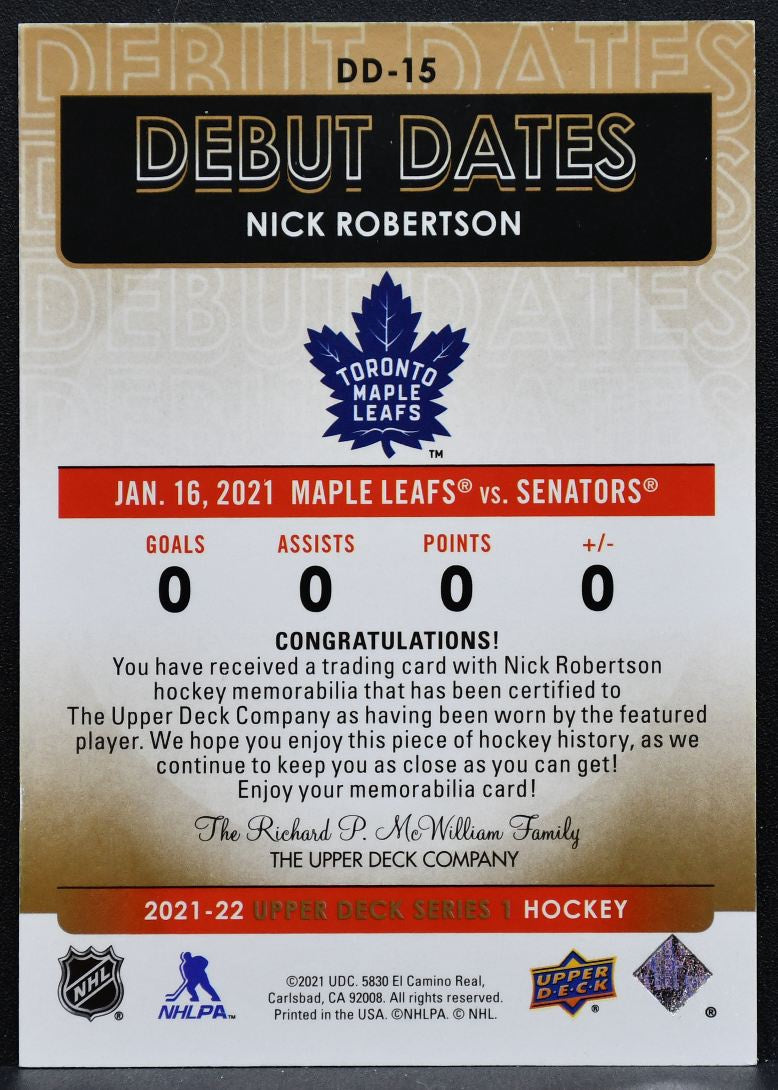 2021-22 UD Series 1 Debut Dates Gold Nick Robertson Maple Leafs Jersey 3940