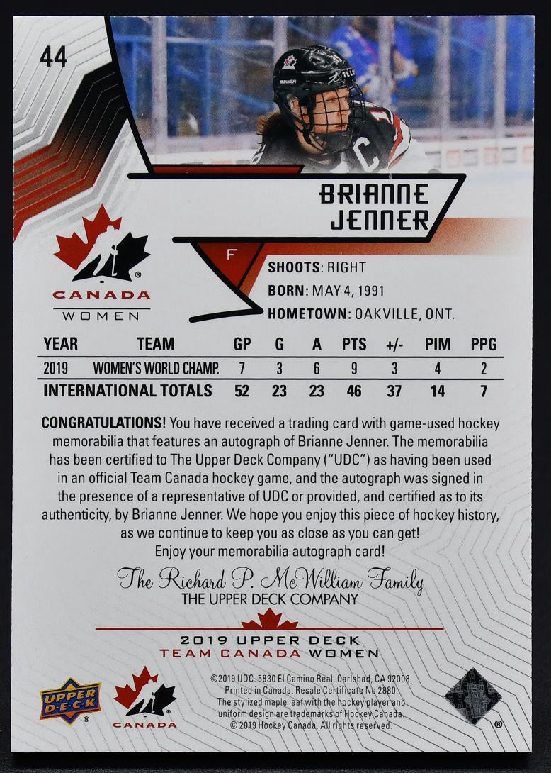 2019-20 UD Team Canada Juniors Auto Patch Brianne Jenner 44 Auto 099/199 Patch