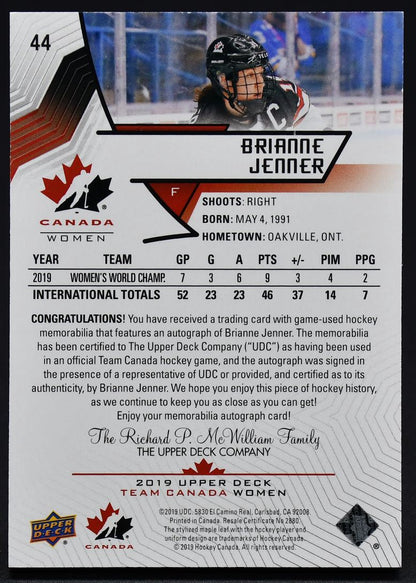2019-20 UD Team Canada Juniors Auto Patch Brianne Jenner 44 Auto 099/199 Patch