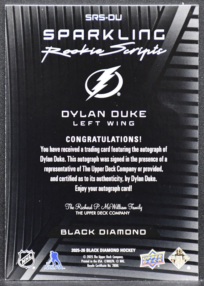 Duke Script D 2025-26 UD Black Diamond Sparkling Rookie Scripts Dylan Duke SRS-DU RC ...