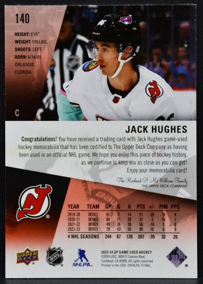 2023-24 SP Game Used Jersey Jack Hughes 140 New Jersey Devils Jersey 3156