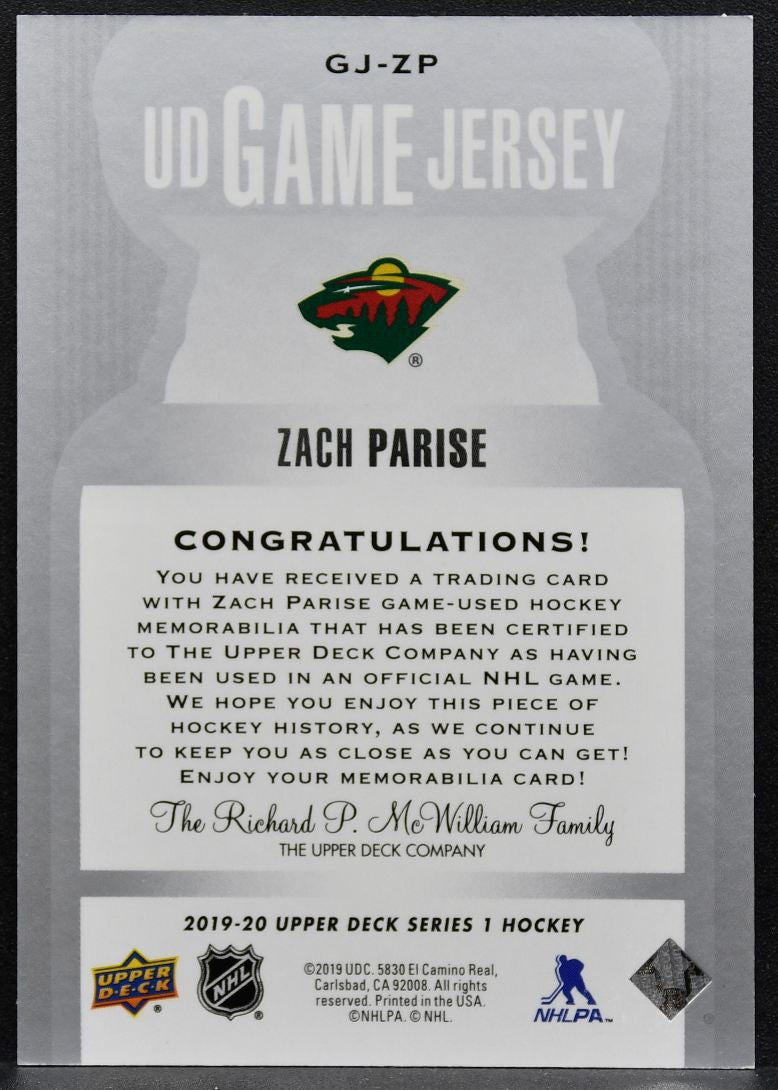 2019-20 Upper Deck Series 1 UD Game Jersey Zach Parise GJ-ZP Wild Jersey 2105