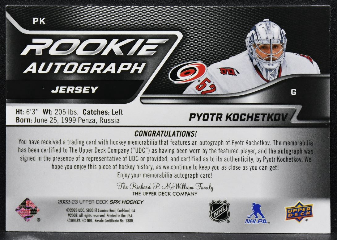 2022-23 SPx Rookie Auto Jersey Pyotr Kochetkov PK RC Auto 076/375 Jersey 2644