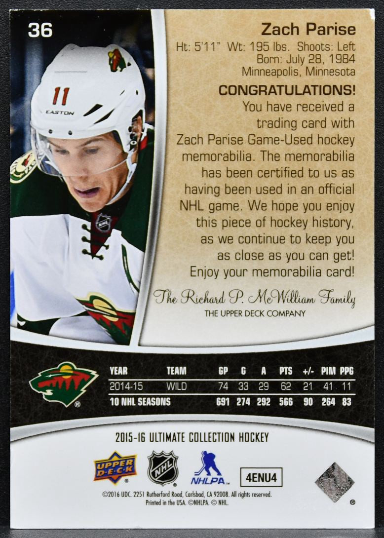 2015-16 UD Ultimate Collection Jersey Zach Parise Wild 149/199 Jersey 2600