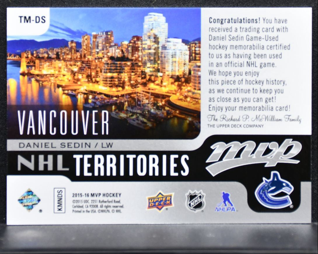 2015-16 Upper Deck MVP NHL Territory Materials Daniel Sedin Canucks Jersey 3407