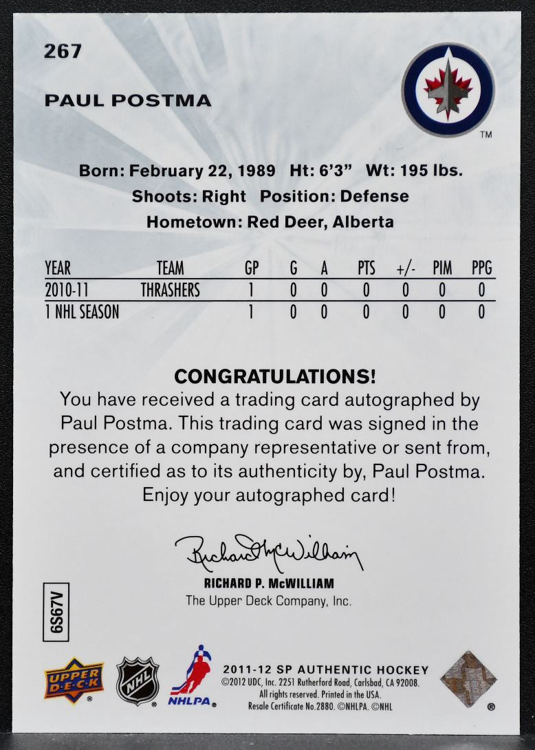 2011-12 SP Authentic Future Watch Auto Paul Postma 267 Jets RC Auto 523/999 8818