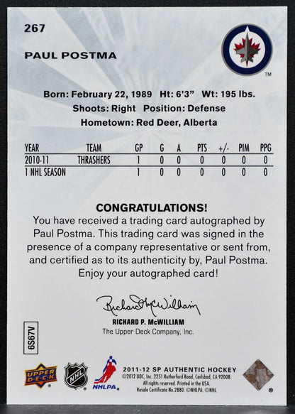 2011-12 SP Authentic Future Watch Auto Paul Postma 267 Jets RC Auto 523/999 8818