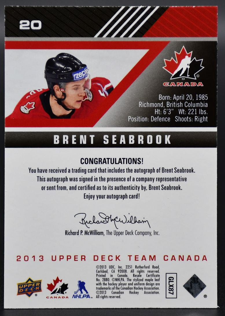 Équipe Canada UD 2013-14, Signature Or, Brent Seabrook, 20 Canada, Autographe