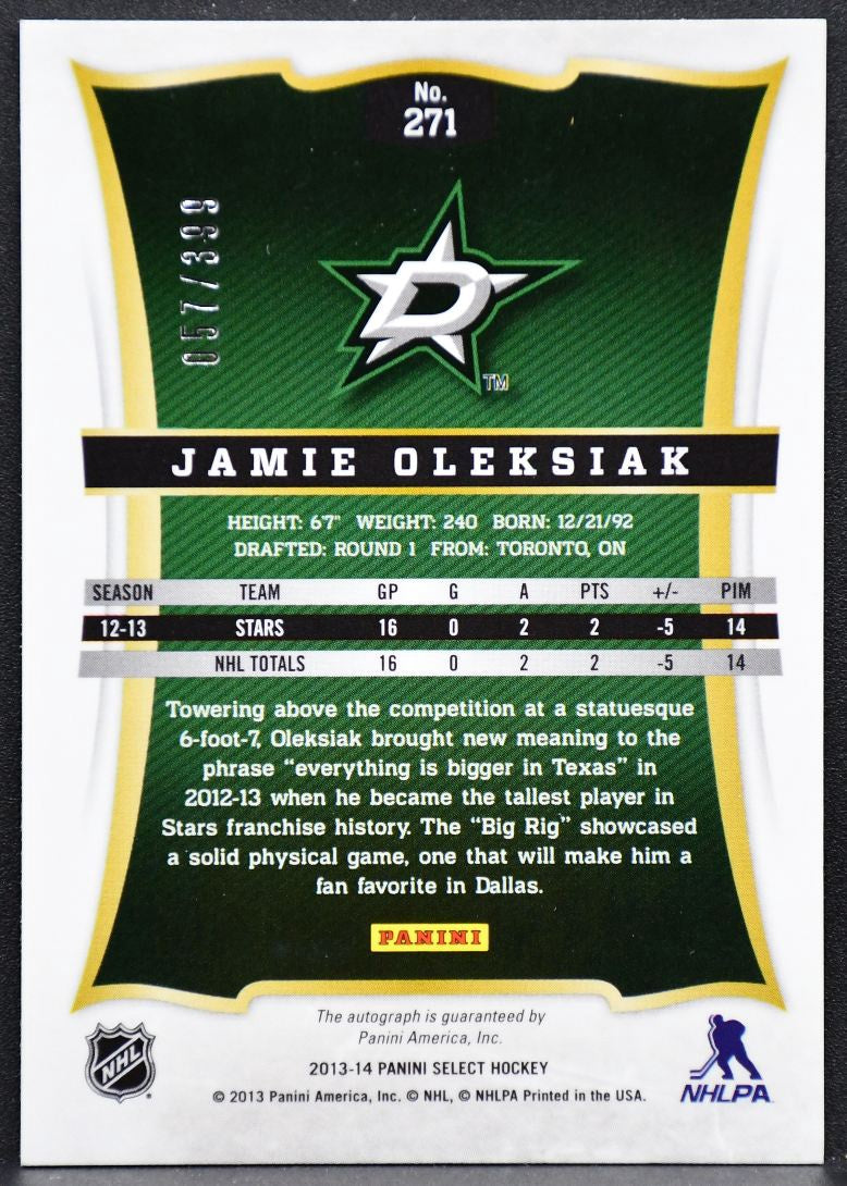 2013-14 Panini Select Rookie Auto Jamie Oleksiak 271 RC Auto 057/399 3597
