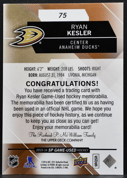 2015-16 SP Game Used Jersey Ryan Kesler 75 Anaheim Ducks Jersey 5289