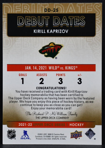 2021-22 UD Series 1 Debut Dates Kirill Kaprizov DD-25 Minnesota Wild RC Jersey 3248