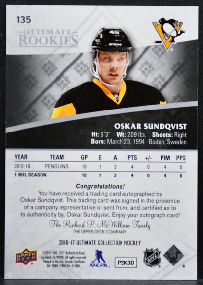 2016-17 UD Ultimate Collection Rookies Auto Sundqvist RC Auto 201/299 5597