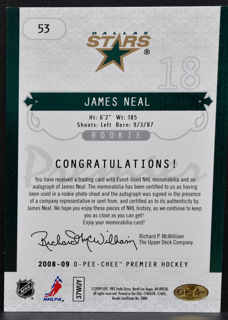 2008-09 O-Pee-Chee Premier Rookie Signature Jersey James Neal Stars RC Auto 0927