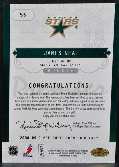 2008-09 O-Pee-Chee Premier Rookie Signature Jersey James Neal Stars RC Auto 0927