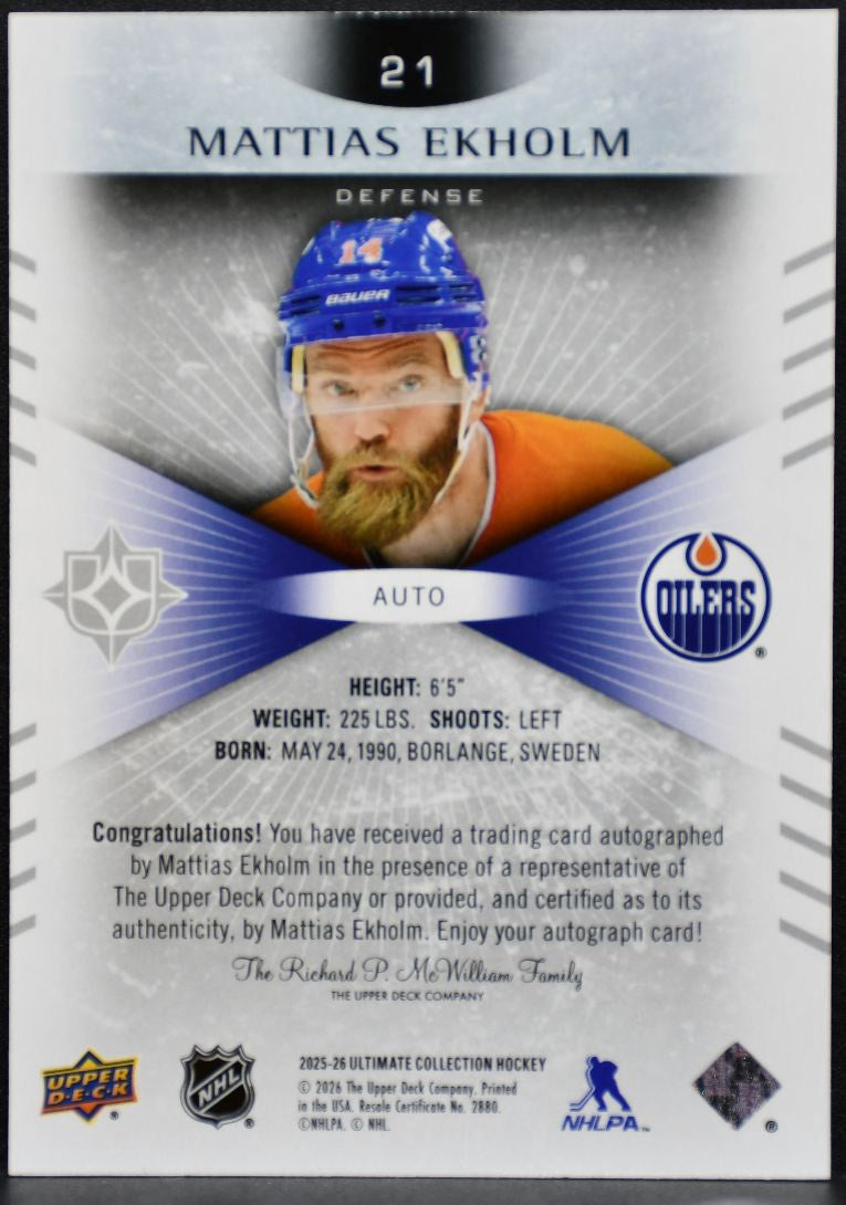 2025-26 UD Ultimate Collection Autographs Ekholm Edmonton Oilers Auto 7151