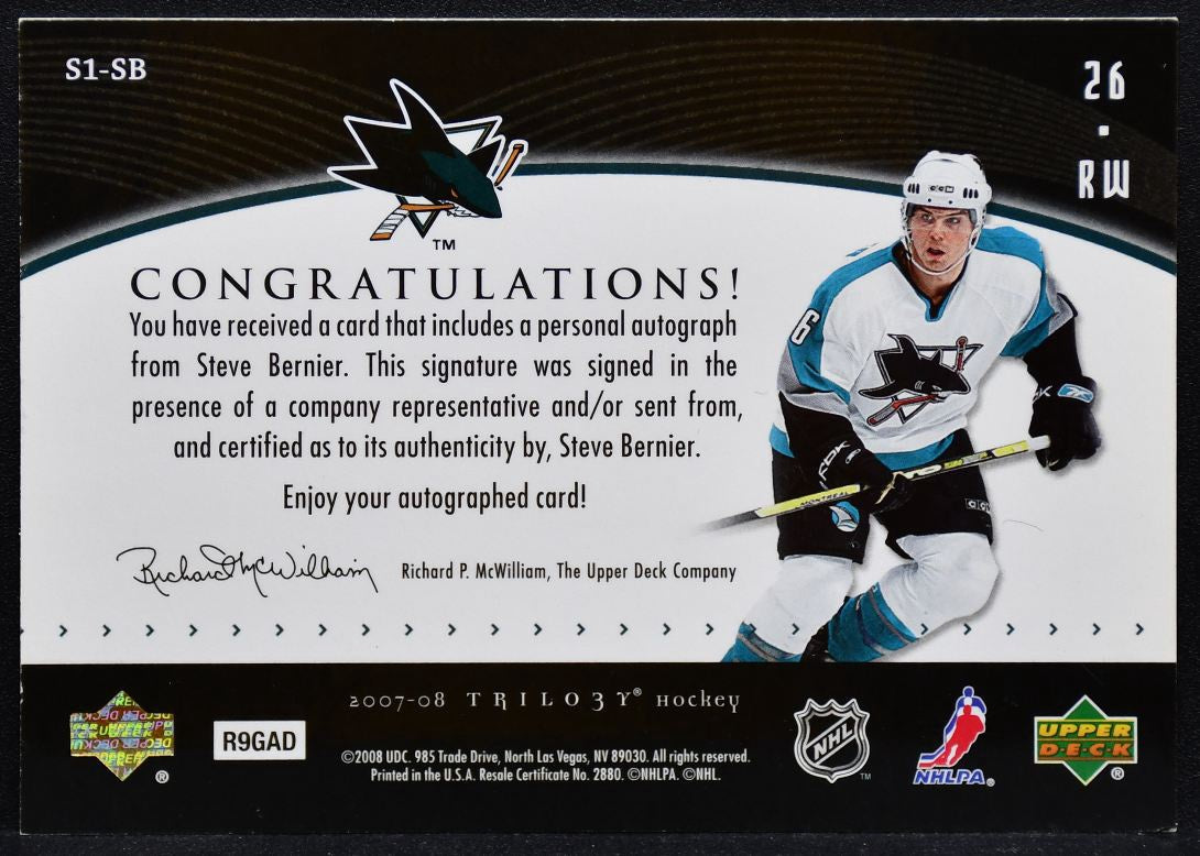 2007-08 UD Trilogy Script One Young Stars Steve Bernier S1-SB Sharks Auto 2025