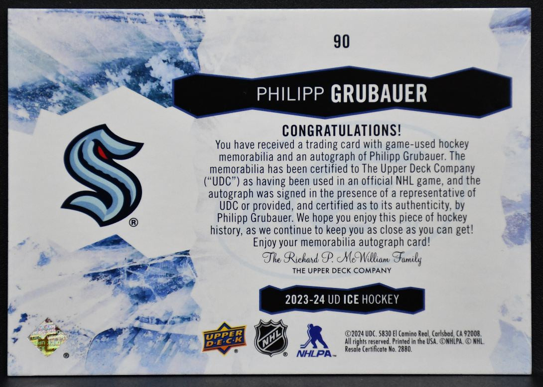 2023-24 UD Ice Base Gold Patch Philipp Grubauer 90 Kraken Auto 37/49 Patch 8379