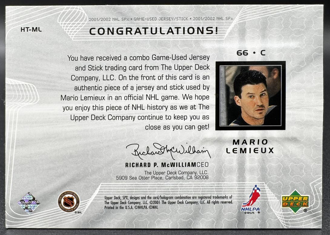 2001-02 SPx Hockey Treasures Mario Lemieux Jersey Stick