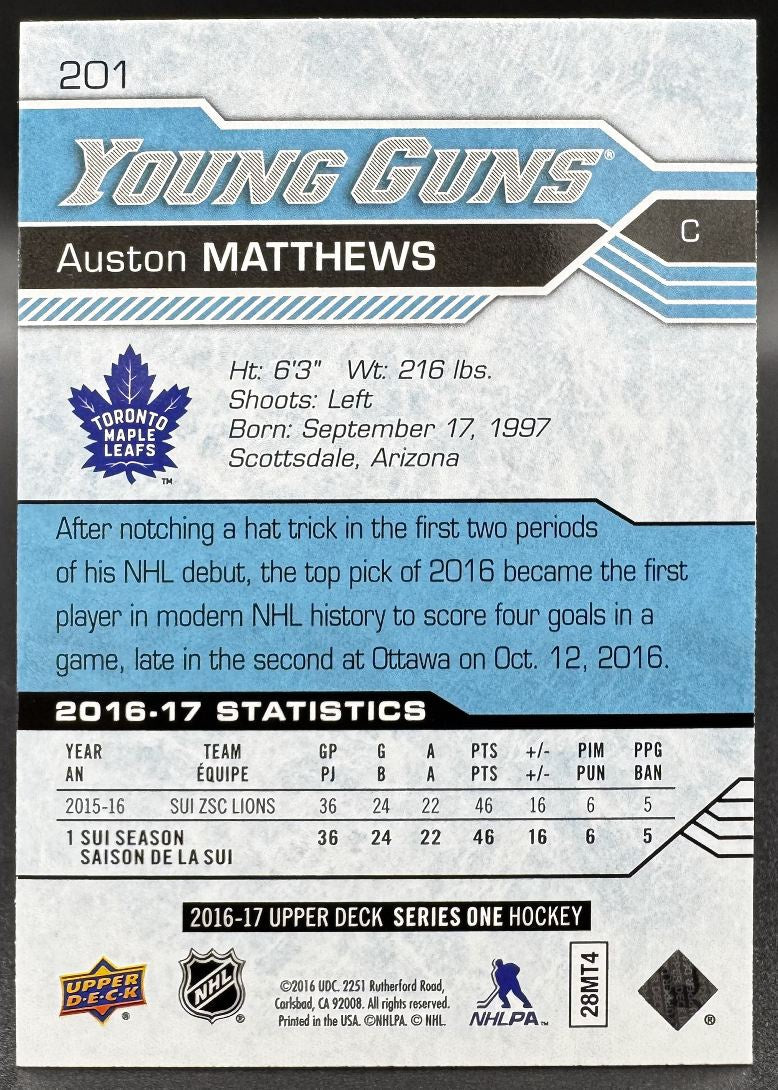 2016-17 UD Young Guns Auston Matthews 201 Toronto Maple Leafs RC