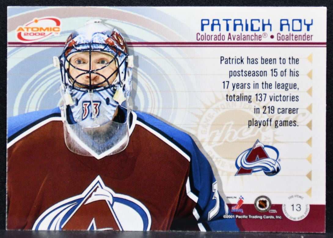 2001-02 Pacific Atomic Patrick Roy 13 Colorado Avalanche Jersey 3586