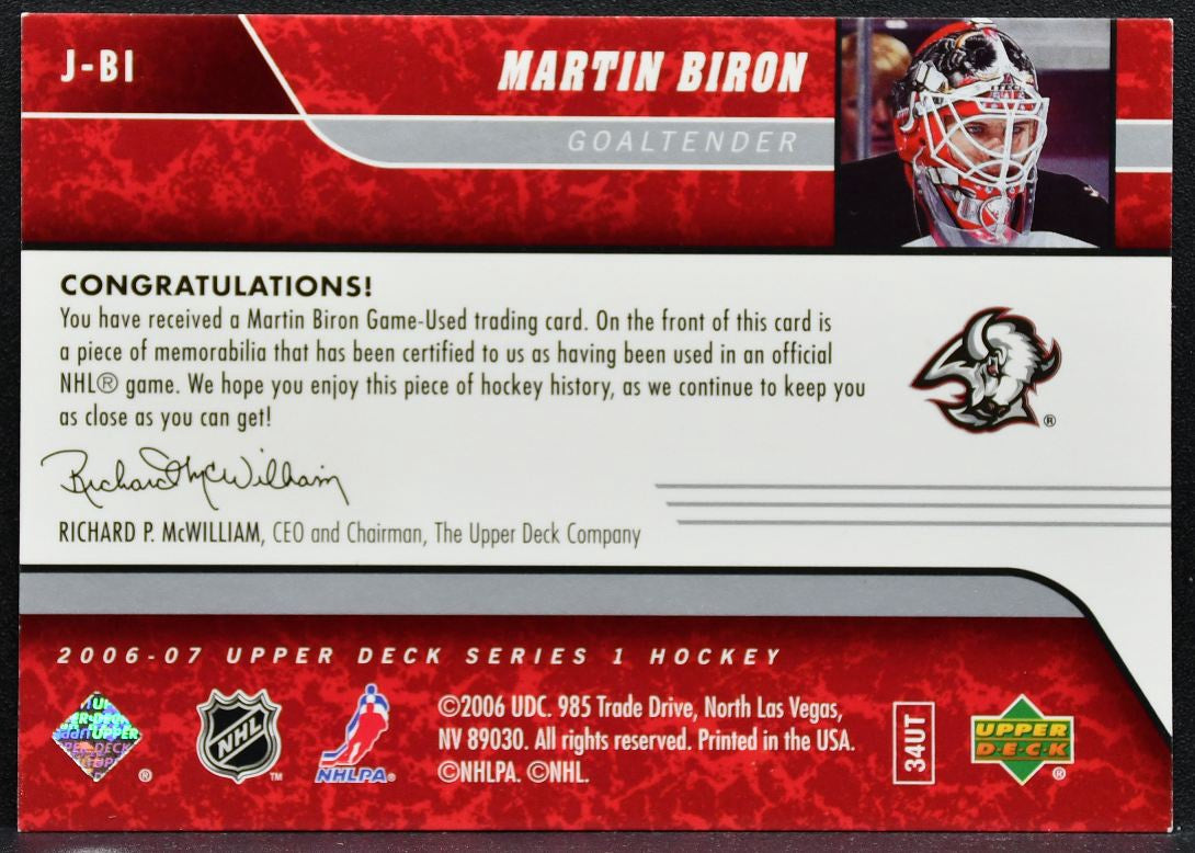 2006-07 Upper Deck Series 1 UD Game Jersey Martin Biron J-BI Sabres Jersey 2198