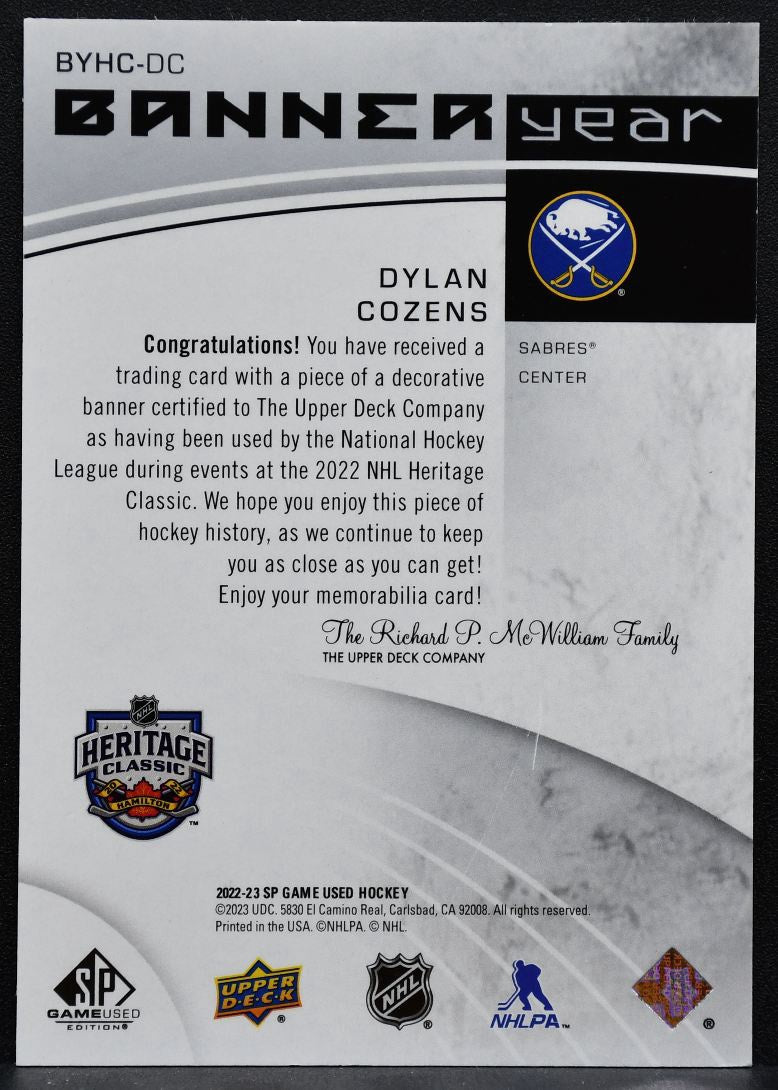 2022-23 SP Game Used NHL Heritage Classic Banner Year Relics Cozens Jersey 4546