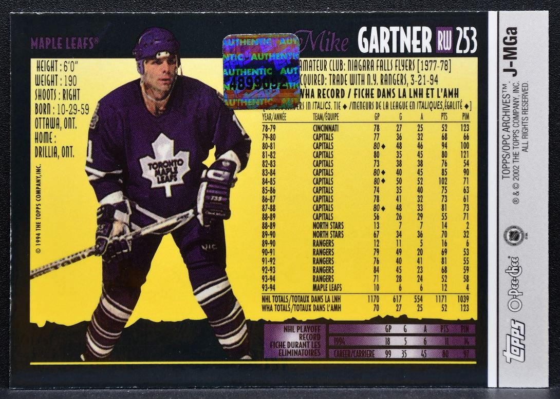 2001-02 Topps / O-Pee-Chee Archives Relics Mike Gartner Maple Leafs Jersey 2882