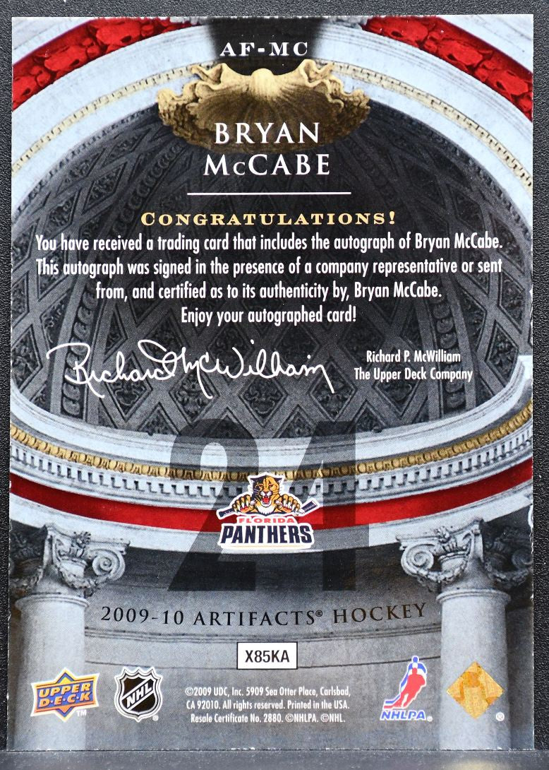 2009-10 Upper Deck Artifacts Autofacts Bryan McCabe Florida Panthers Auto 8247