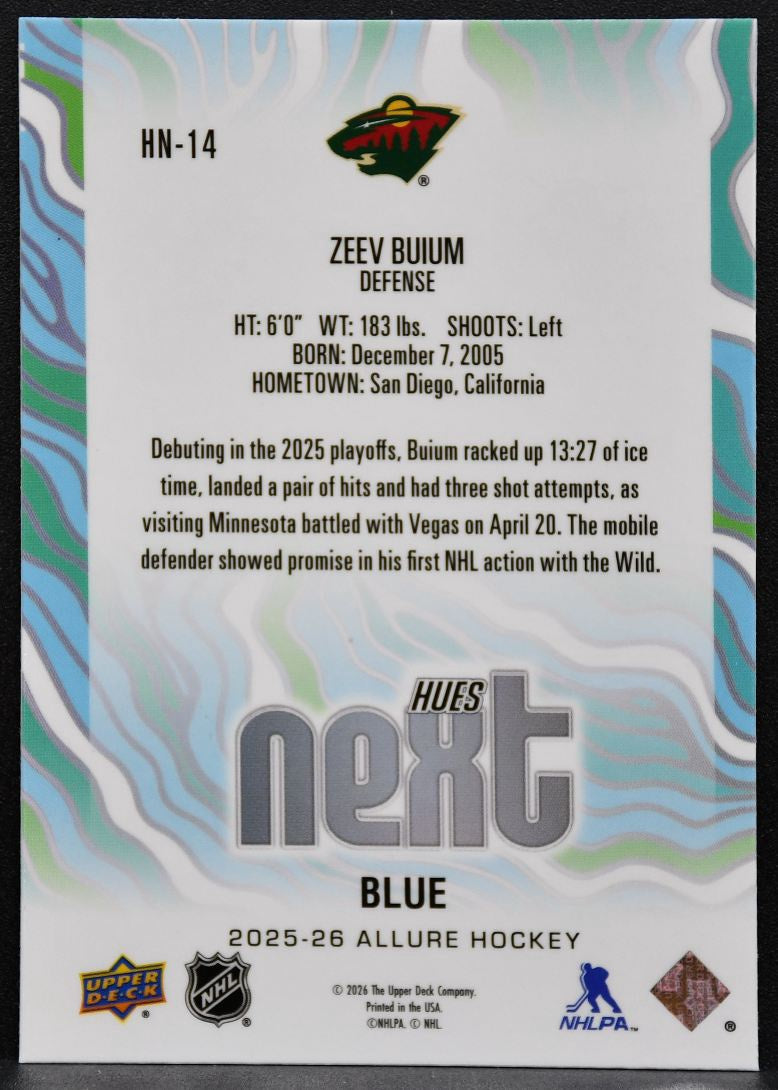 2025-26 Upper Deck Allure Hues Next Blue Zeev Buium HN-14 Minnesota Wild 3936