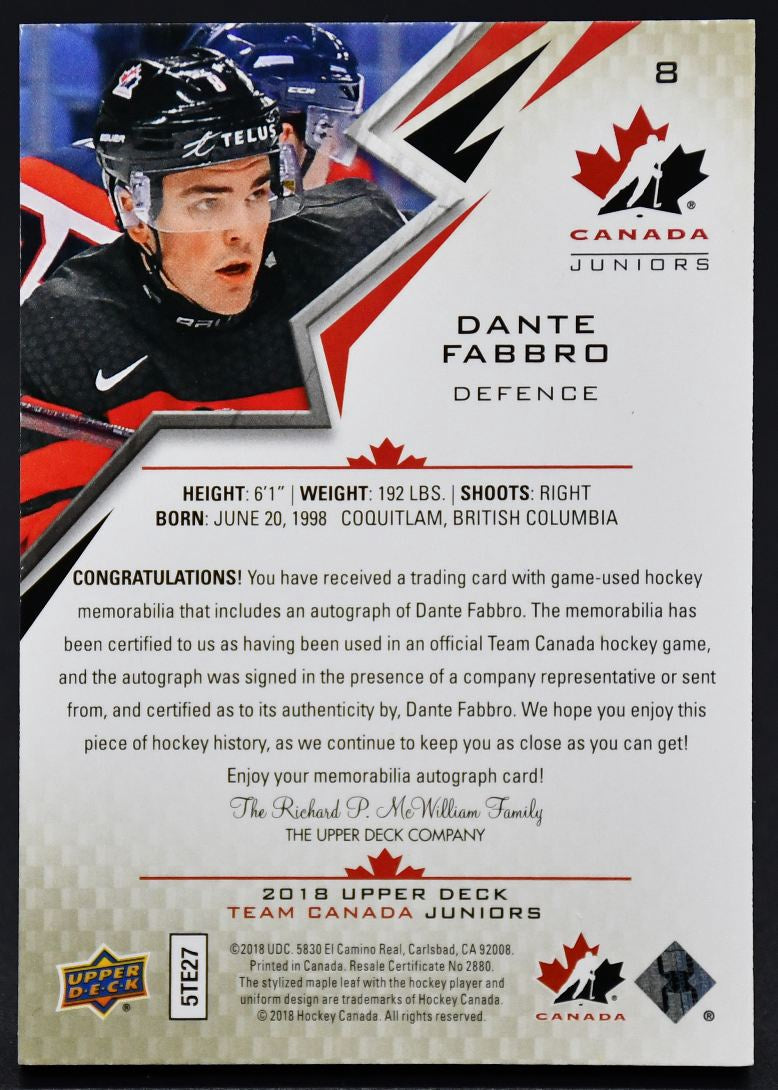 2018-19 UD Team Canada Juniors Jersey Auto Dante Fabbro 8 Auto 044/199 Patch